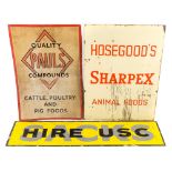 An enamel advertising sign for 'Hosegood's Sharpex Animal foods', 122cm x 92cm:,