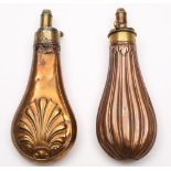 A copper and brass powder flask by G & J Hawksley and another example by James Dixon & Sons:,