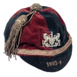 Exeter City FC, a black and burgundy velvet cap for the 1903-4 Season awarded to Charlie Lincoln:,