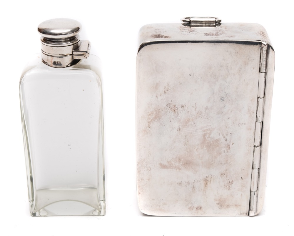 A leather cased silver plated sandwich box and glass flask by James Dixon & Sons:, - Image 2 of 2