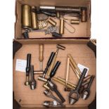 A collection of various powder drams, wad cutters and gunsmith's tools:, (a lot).