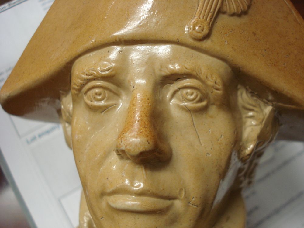 A Doulton and Watts Lambeth salt glazed stoneware jug: modelled in the form of a bust of Admiral - Image 2 of 6