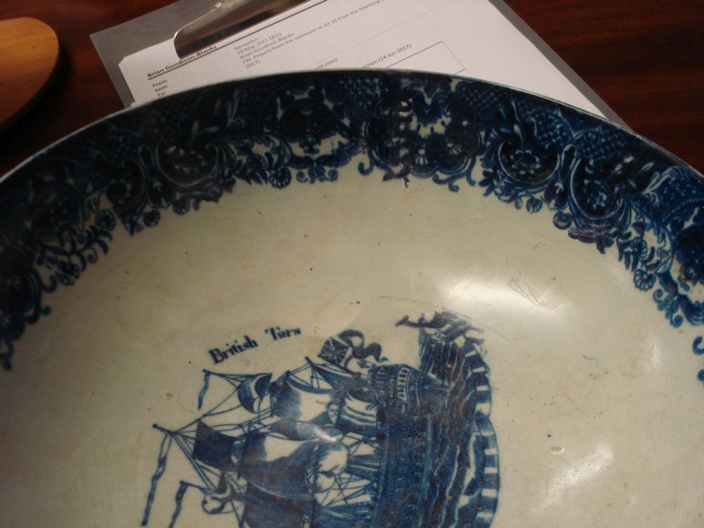 A late 18th century blue and white pearlware pedestal bowl: printed with a man o'war and inscribed - Image 5 of 5