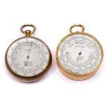A gilt compensated pocket barometer by J Hicks, London:, the silvered dial with thermometer,