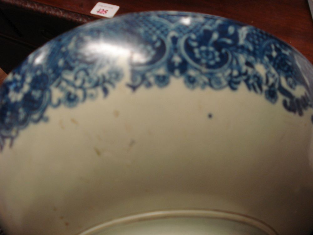 A late 18th century blue and white pearlware pedestal bowl: printed with a man o'war and inscribed - Image 4 of 5