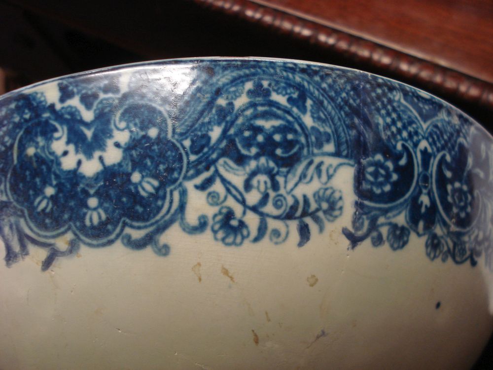A late 18th century blue and white pearlware pedestal bowl: printed with a man o'war and inscribed - Image 3 of 5