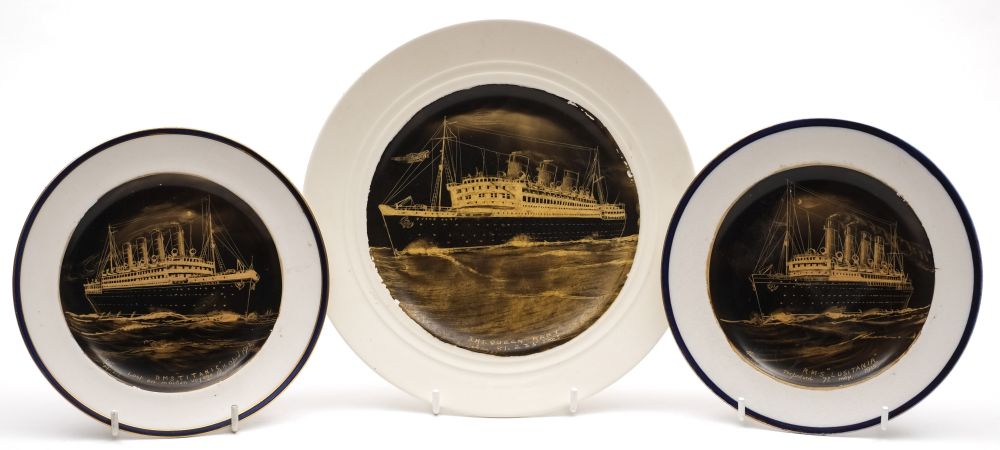 A group of three pottery plates commemorating R.M.S.Titanic, R.M.S.Lusitania and R.M.S.