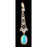 A Belle Epoque opal and diamond pendant: mille-grain set with graduated,