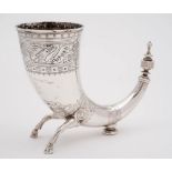 A Danish silver Viking style drinking horn, marks worn: inscribed,