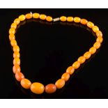 A graduated amber bead single string necklace: with 34 oblong beads graduated from 11mm long to