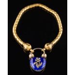 A mid 19th century gold bracelet: of snake-like linking with blue enamelled and rose diamond-set