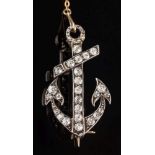 A graduated diamond 'anchor' brooch: set with round old brilliant-cut diamonds, with safety chain,
