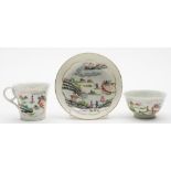 A Worcester (Chamberlain's) famille rose trio: painted in the 'Stag Hunt' pattern, circa 1792-5,