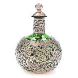 A Chinese green glass and silver mounted scent bottle and stopper by Wang Hing & Co,