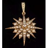 A Victorian seed pearl and diamond-set sunburst pendant/brooch:, 31mm across, 5gms gross weight.