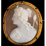 A gold and blue enamelled oval shell cameo portrait brooch: depicting a classical female figure