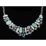 A modern silver and multi gem-set, chain-link collar necklace: set with oval moonstones,