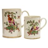 Two graduating First Period Worcester cylindrical mugs: with grooved strap handle each enamelled