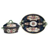 A First Period Worcester oval butter dish, cover and stand: with applied stalk and floret handles,