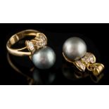 A stained cultured pearl and diamond ring: the stained cultured pearl approximately 12mm diameter