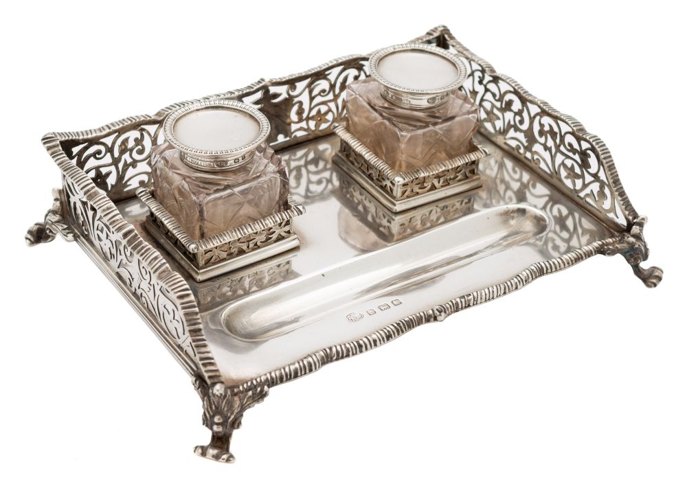 A George V silver desk inkstand, maker Alexander Clark & Co Ltd, Birmingham,