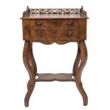 A 19th Century French mahogany work table:, with a pierced fret three quarter gallery,