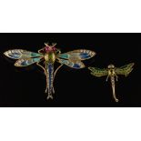 A plique-a-jour enamel, diamond and gem-set dragonfly brooch: the head with cabochon ruby eyes,