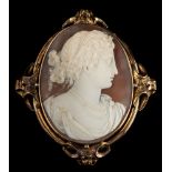 A late 19th century oval shell cameo portrait brooch: the oval shell cameo 54mm long x 41mm wide