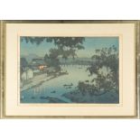 After Hiroshi Yoshida, four Shin Hanga woodblock prints: includes Evening on the Chikugo River,