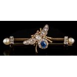 A late 19th century gold, sapphire, pearl and diamond 'bee' bar brooch: the bee with diamond thorax,