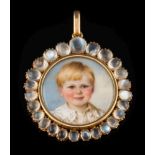 A gold and graduated moonstone circular miniature portrait pendant: depicting Walter. F.