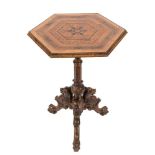 A Victorian carved olivewood and parquetry hexagonal occasional table:,