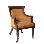 A William IV mahogany Bergere armchair:, with curved bar top rail, upholstered back,
