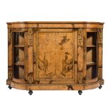 A Victorian walnut, inlaid and gilt metal mounted credenza:, of breakfront D-shaped outline,