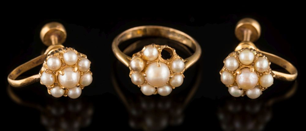A pair of cultured seed-pearl circular cluster earrings: and a similar ring with vacant setting.