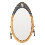 A giltwood and blue decorated oval mirror:,