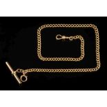 An 18ct gold curb-link watch chain: with swivel and bar, a brass jump ring and 9ct gold bolt ring,