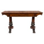 A Victorian rosewood rectangular library table:, the overhanging top with rounded corners,