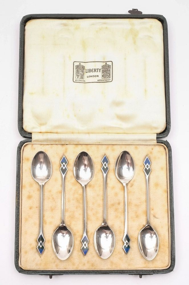 A set of six Liberty silver and enamel coffee spoons, maker W H Haseler Ltd, Birmingham,