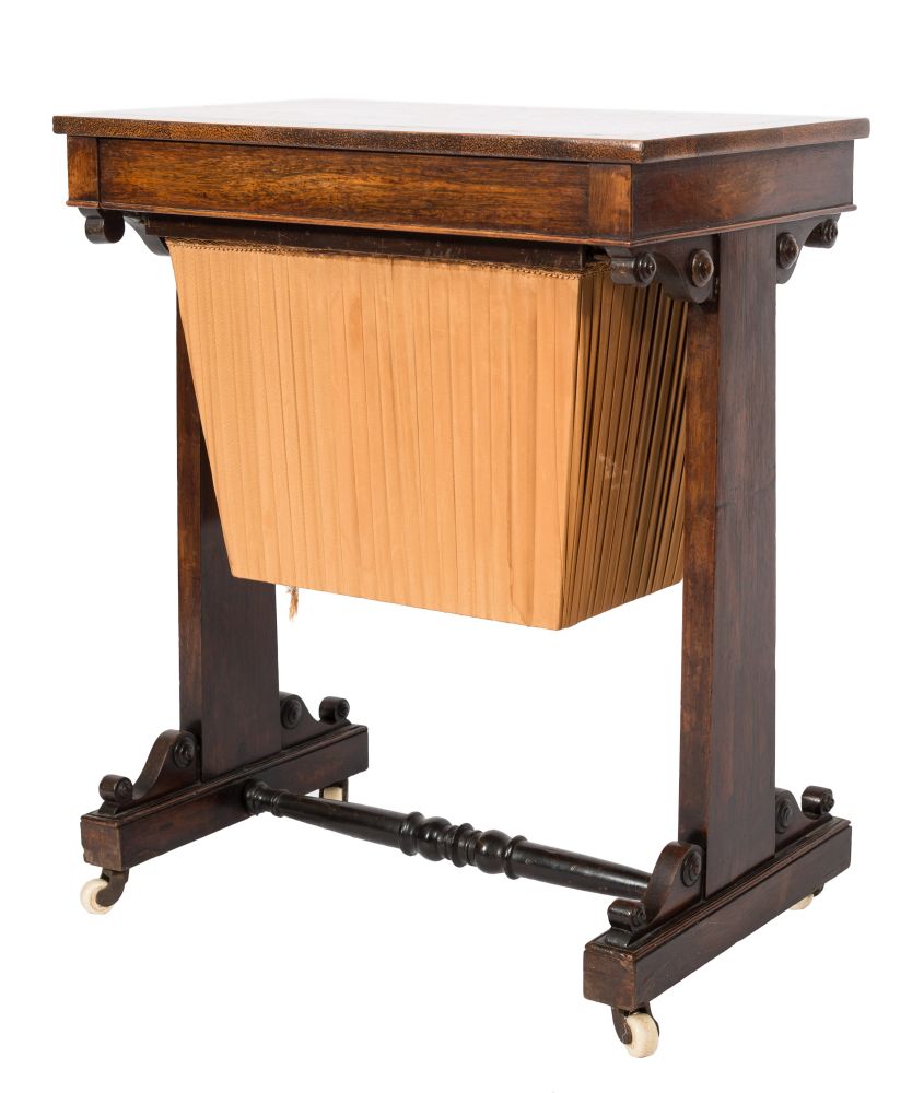 An early Victorian rosewood, amboyna and snakewood banded work table:,