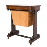 An early Victorian rosewood, amboyna and snakewood banded work table:,