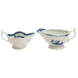 Two First Period Worcester porcelain sauce boats: one of strap moulded form painted in blue in the