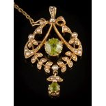 An Edwardian gold, peridot and seed pearl open work pendant/brooch: the central, circular peridot 7.
