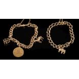 A 15ct gold hollow curb-link bracelet: with attached 9ct gold ' elephant' charm and a gold plated