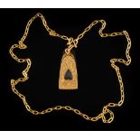 A Far Eastern gold 'Buddha' and flaming heart pendant: on a necklace of long oval links, 28.