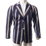 A cricket blazer, with navy blue grey and red stripes: together with a faux fur coat and stole.