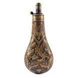 A copper and brass powder flask by G & J W Hawksley:, signed to the adjustable spout as per title,