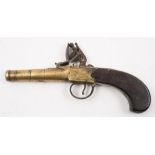 A brass cannon barrel flintlock boxlock pistol by Simpson, Plymouth:, short four stage barrel,