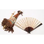 An Edwardian cream and brown silk parasol together with an ebony and lace fan :, (2).