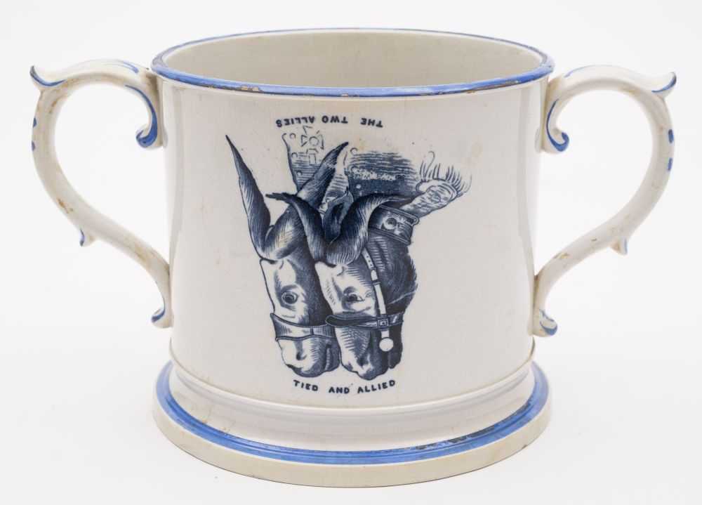 A pottery commemorative loving cup: printed in dark blue with a pair of mustachioed soldiers above - Image 2 of 2